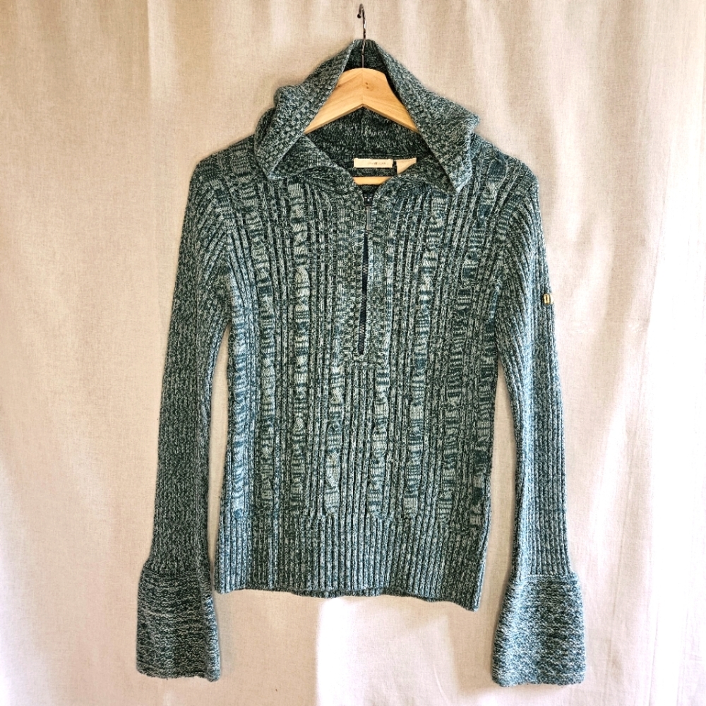 DKNY half zip teal cable knit hoodie sweater gold tag  sz M